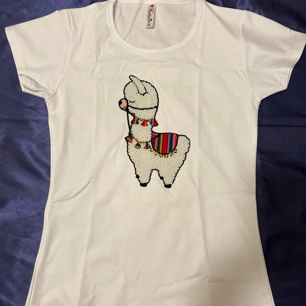 Peruvian Connection White Tee with Colorful Llama Design
